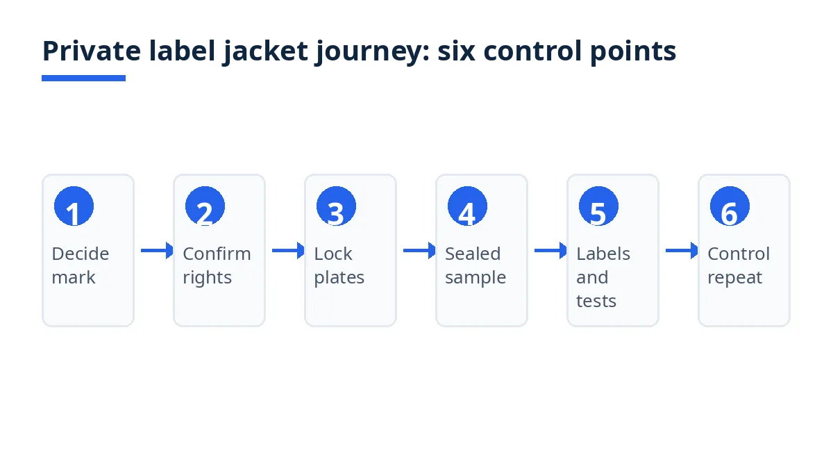 Diagram: six control points of a private label jacket order, from deciding the mark to controlling the repeat