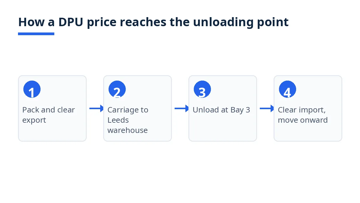 Diagram: a DPU shipment from export clearance to unloading at Bay 3, then import clearance