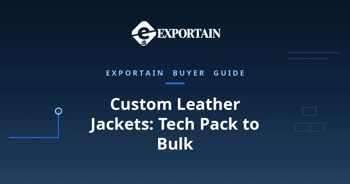 Navy title card: Custom Leather Jackets, Tech Pack to Bulk, OEM process guide