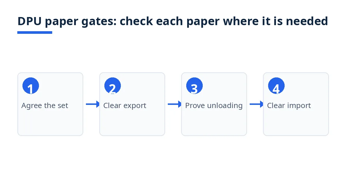Diagram: four DPU paper gates, agree the set, clear export, prove unloading, clear import