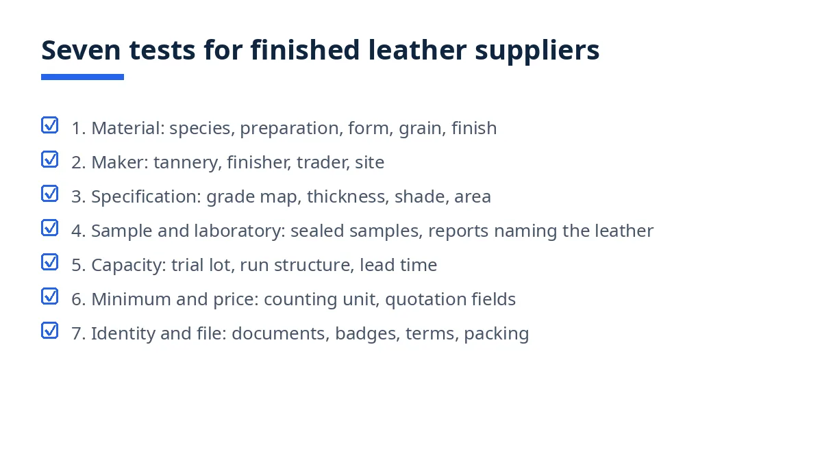 Diagram of the seven tests for finished leather suppliers, from material to shipment file