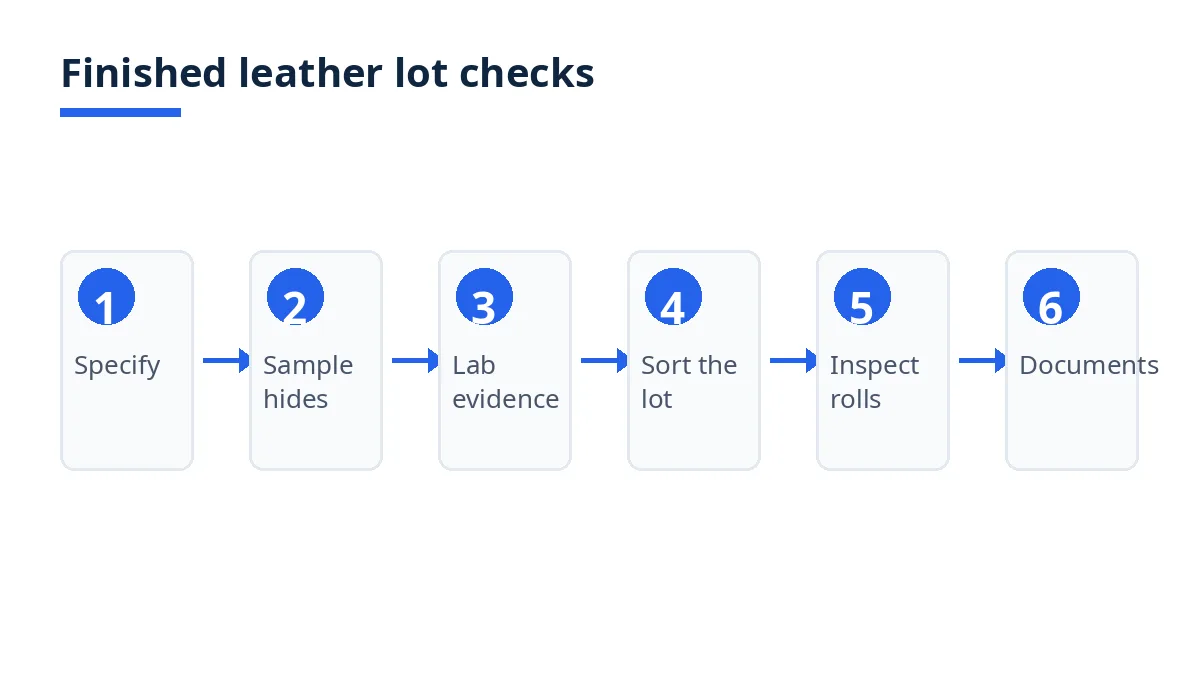Finished leather lot checks diagram: specify, sample hides, lab evidence, sort, inspect, documents