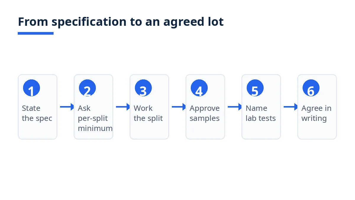 Diagram: six steps from stating the leather specification to agreeing the lot in writing