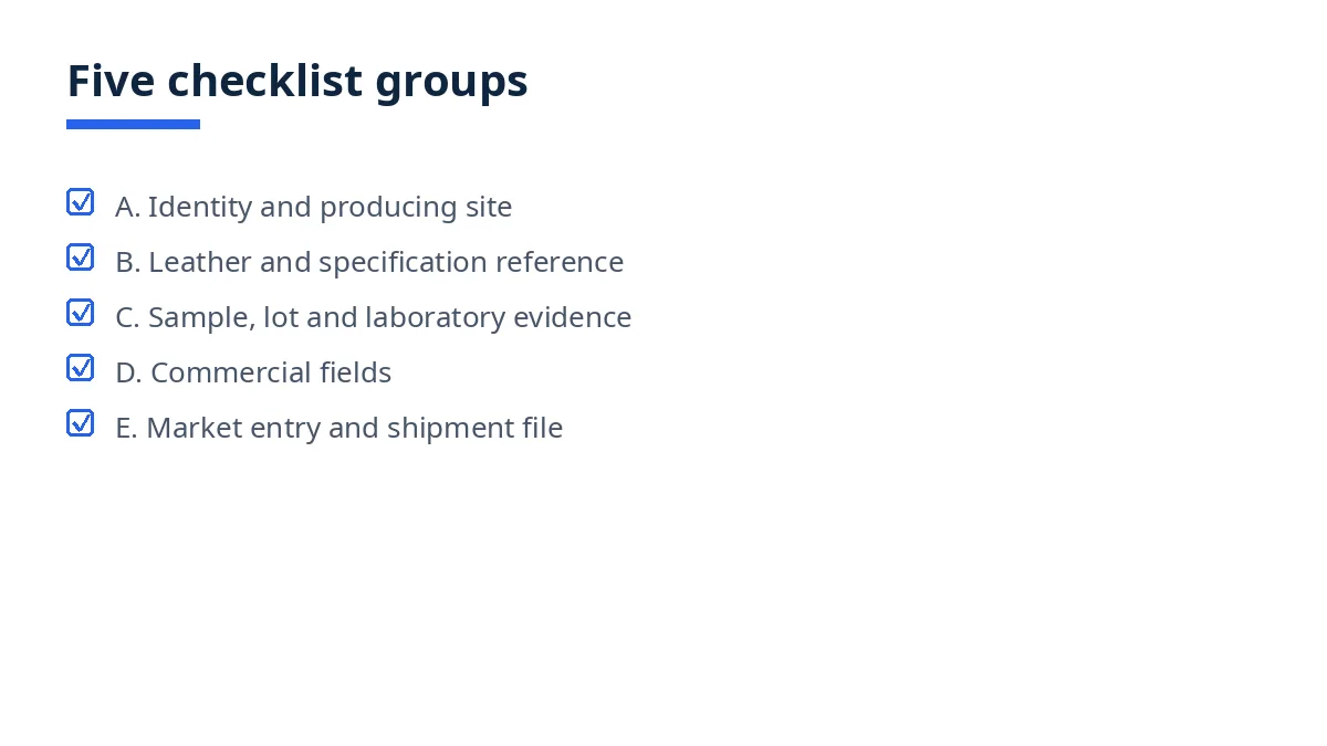 Diagram: five checklist groups for finished leather exporters, identity to shipment file