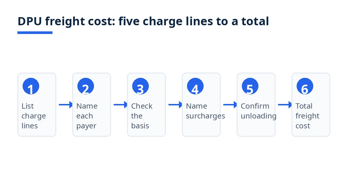 Diagram: six steps to total the DPU freight cost, from listing charge lines to the total