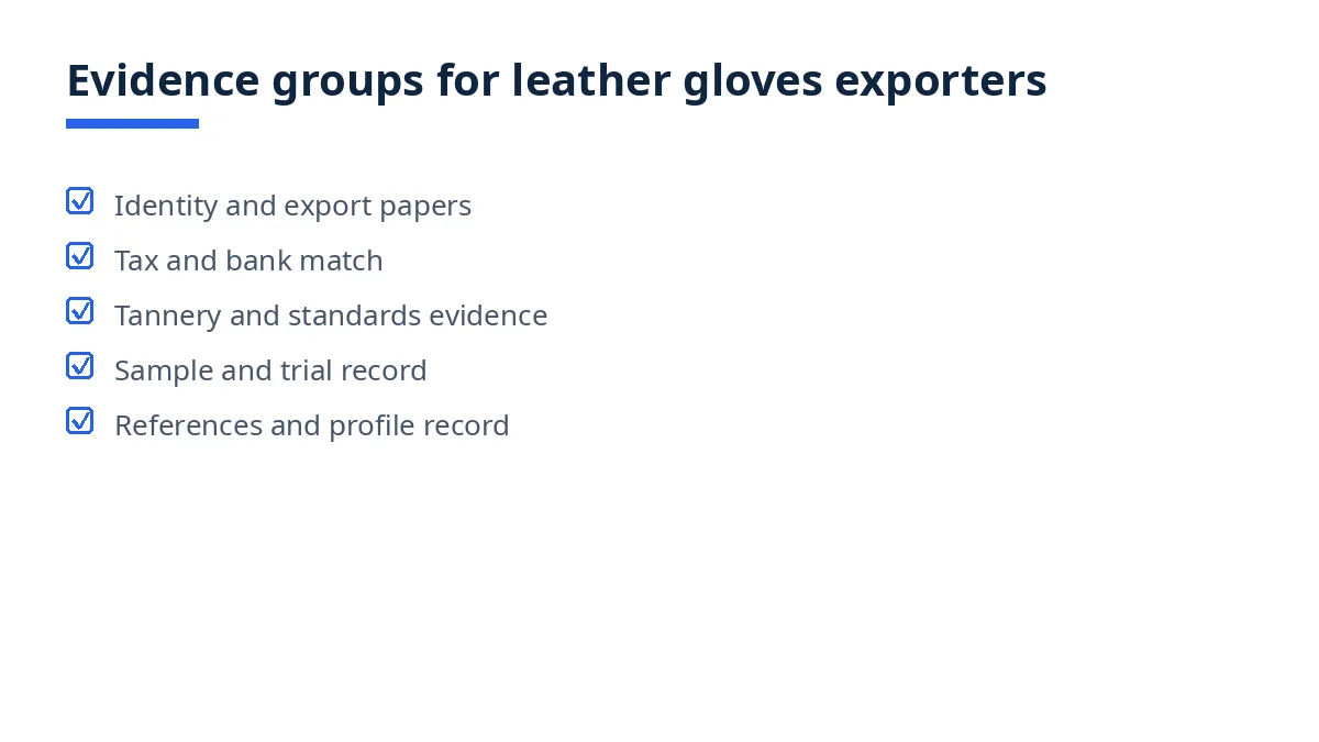 Diagram: five evidence groups for leather gloves exporters, from identity papers to references