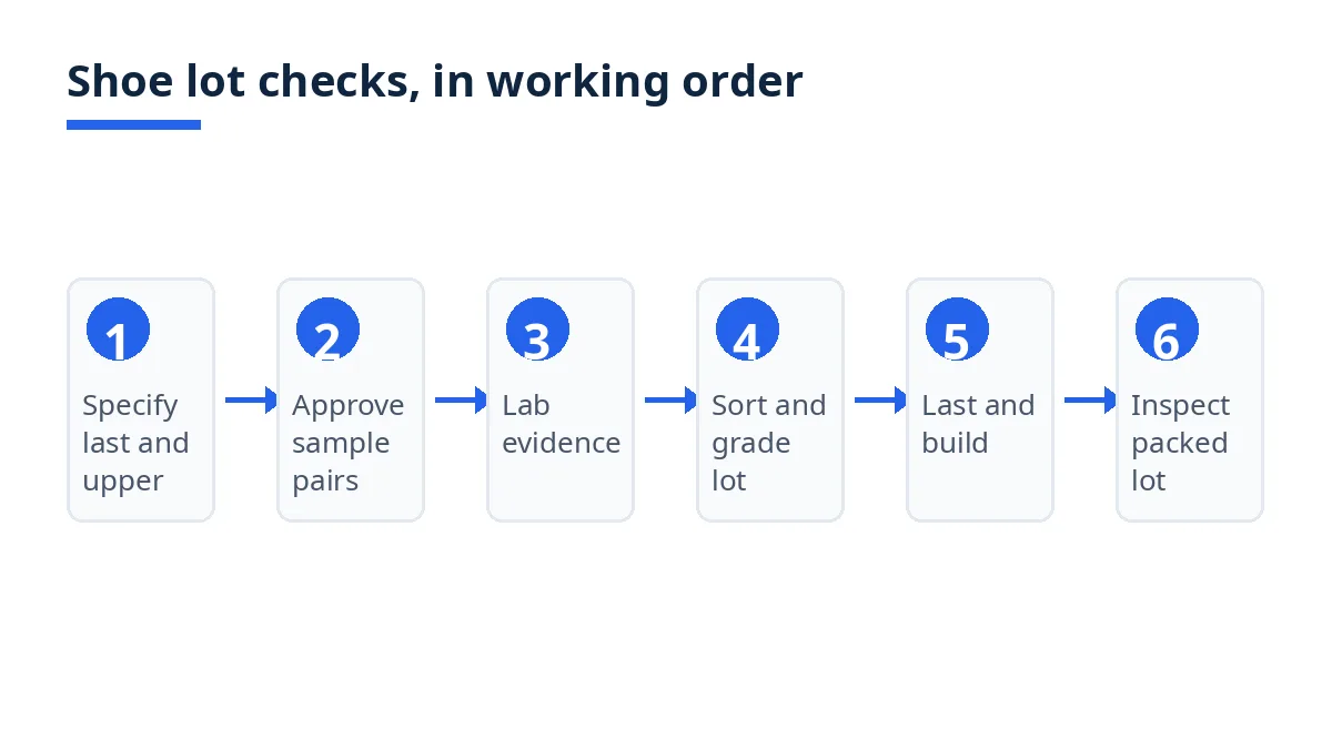 Shoe lot checks diagram: specify, sample pairs, lab evidence, sort, build, inspect