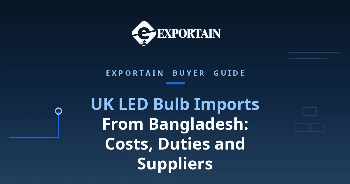 Navy title card: UK LED Bulb Imports From Bangladesh, with Exportain logo