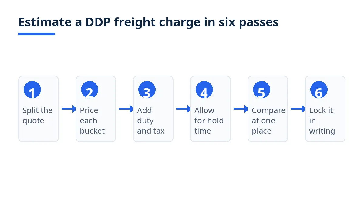 Diagram: six passes to estimate a DDP freight charge, from splitting the quote to locking inclusions in writing