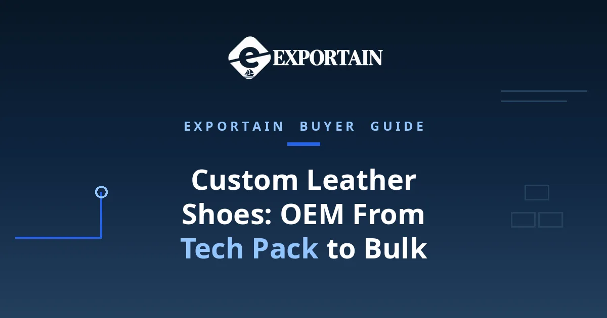 Navy title card: Custom Leather Shoes OEM in Bangladesh, tech pack to bulk guide