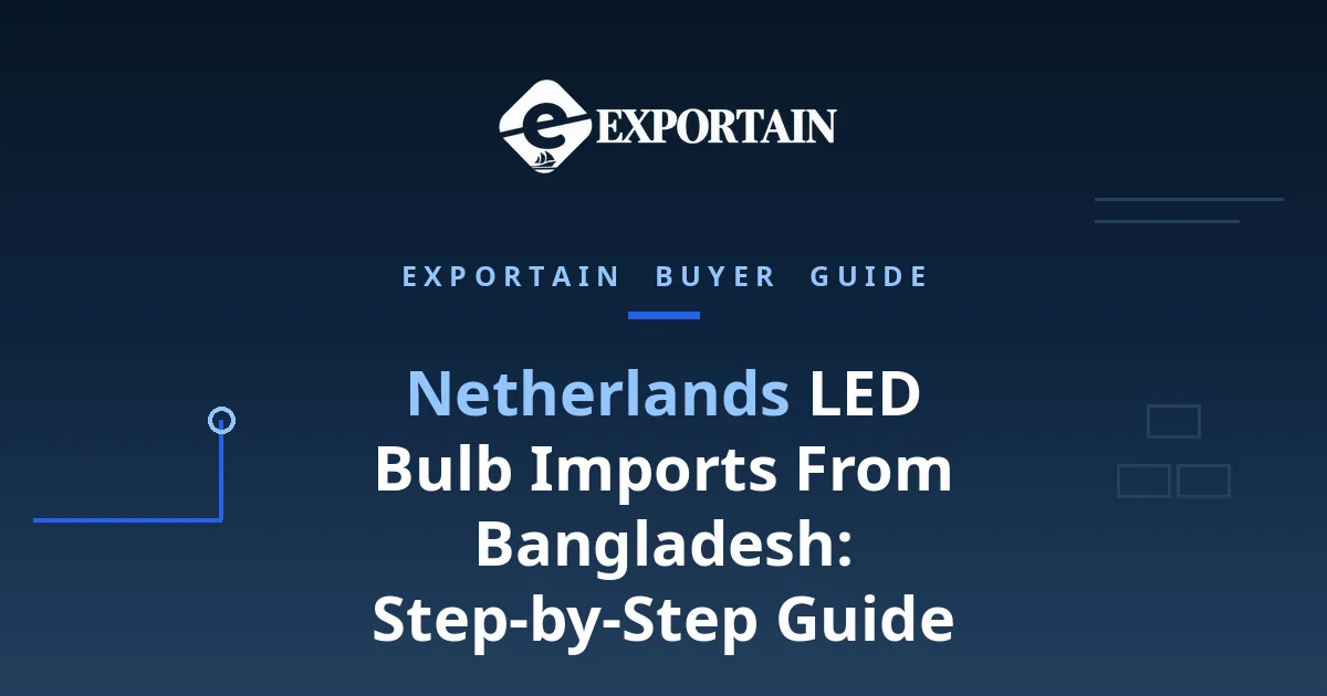 Navy title card: Netherlands LED Bulb Imports From Bangladesh, with Exportain logo