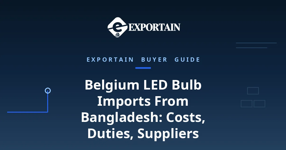 Navy title card: Belgium LED Bulb Imports From Bangladesh, with Exportain logo