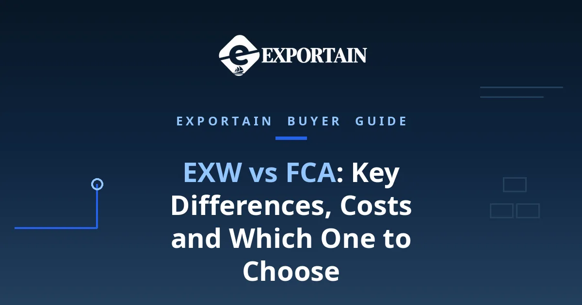 Navy title card: EXW vs FCA: Key Differences, Costs and Which One to Choose, with Exportain logo