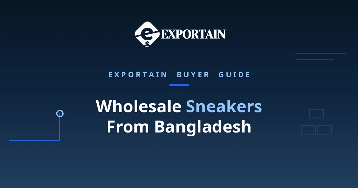 Navy title card: Wholesale Sneakers From Bangladesh: Prices, MOQ and Reliable Suppliers, with Exportain logo