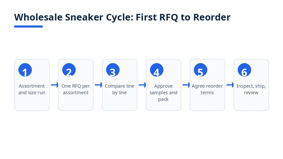 Wholesale sneaker cycle from assortment and size run to reorder, in six numbered steps