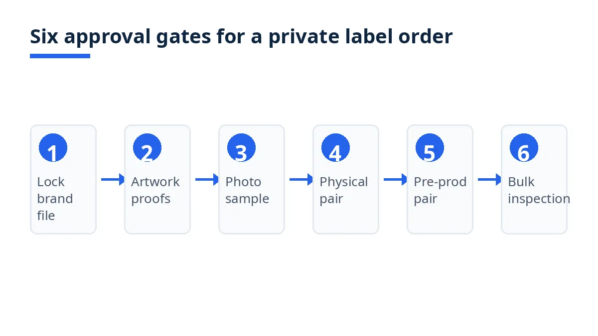Diagram: six approval gates for a private label sneakers order, brand file to bulk inspection