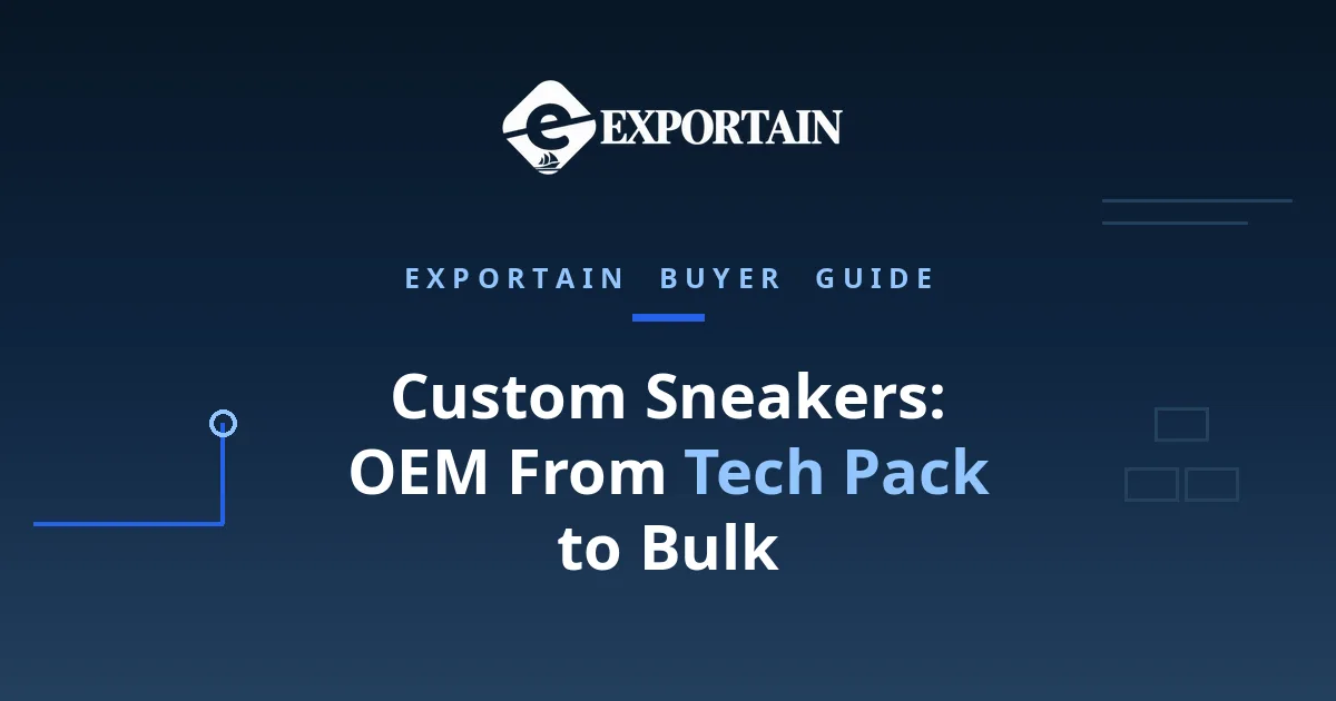 Navy title card: Custom Sneakers, OEM From Tech Pack to Bulk, with Exportain logo