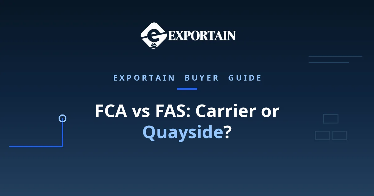 Navy title card: FCA vs FAS, carrier handover or quayside delivery, with Exportain logo