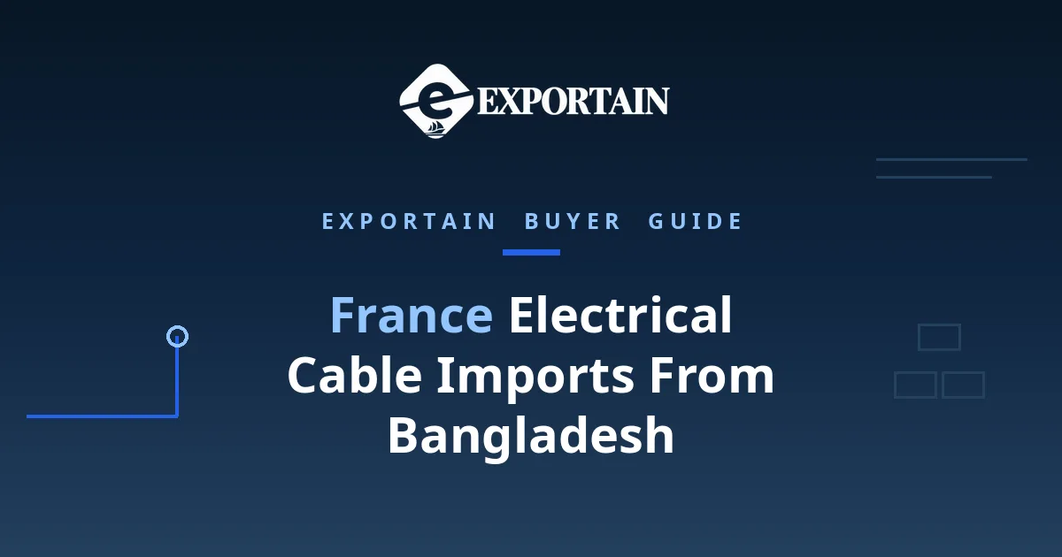 Navy title card: France electrical cable imports from Bangladesh, with Exportain logo