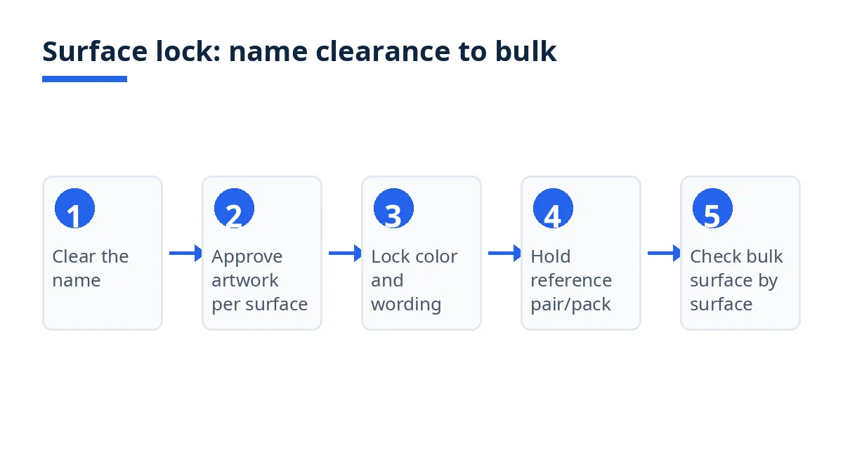 Diagram: five surface-lock steps for a private label sandals order, name clearance to bulk check