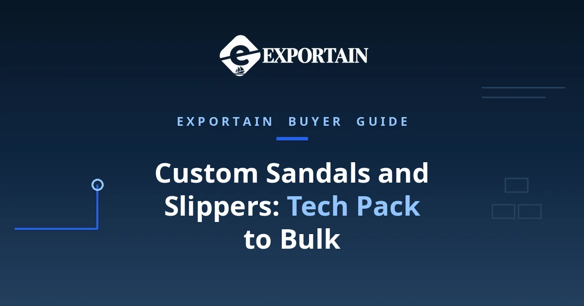 Navy title card: Custom Sandals and Slippers, Tech Pack to Bulk