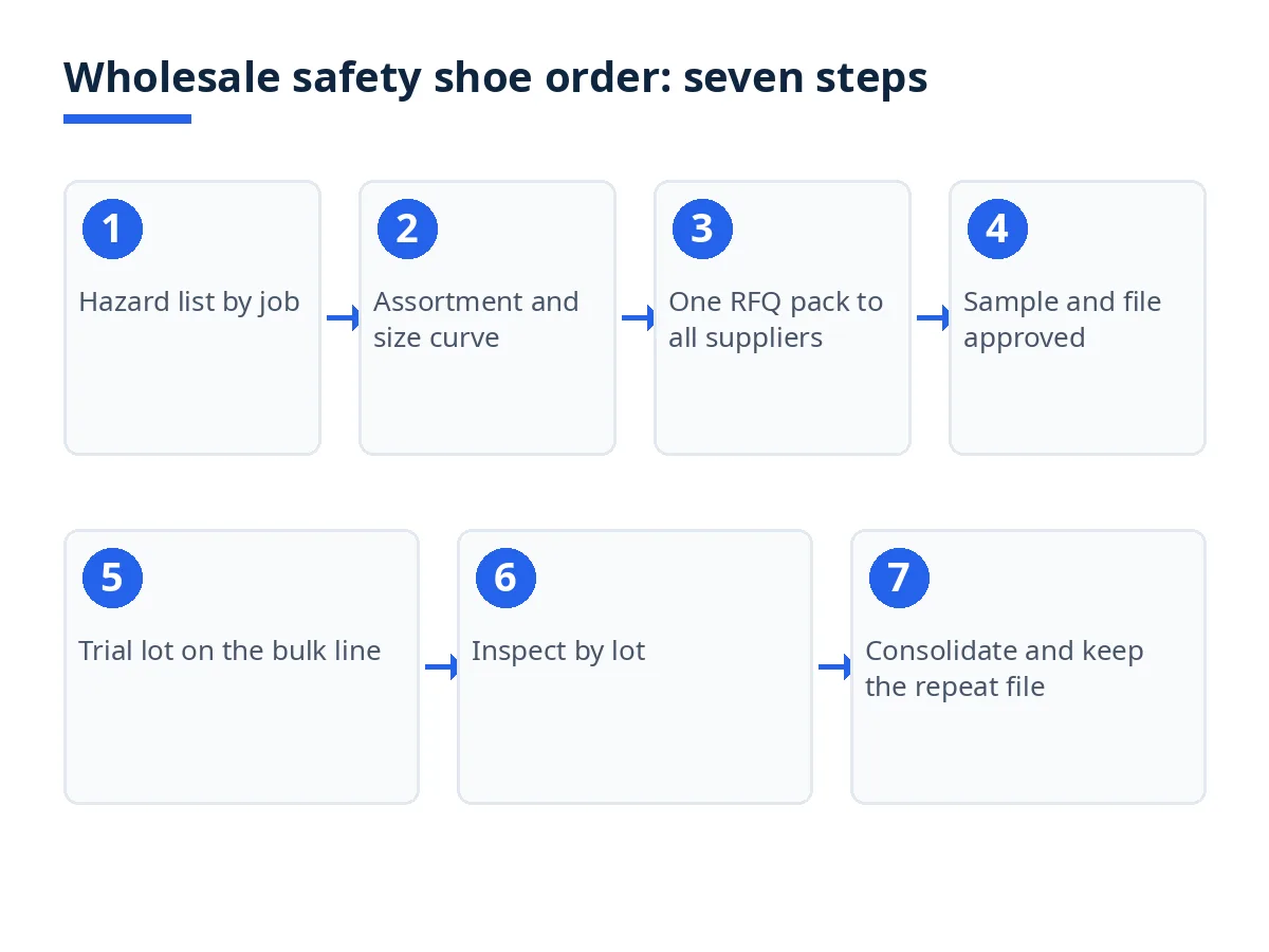 Diagram of the seven steps from a hazard list to a repeatable wholesale safety shoe order