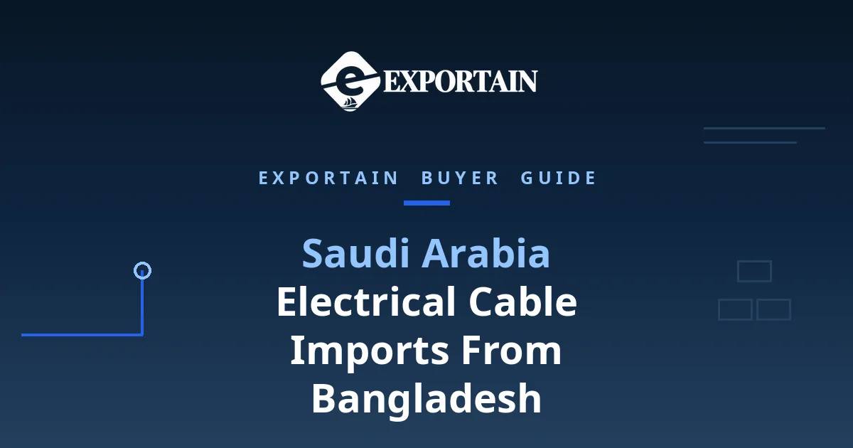 Navy title card: Saudi Arabia electrical cable imports from Bangladesh, with Exportain logo